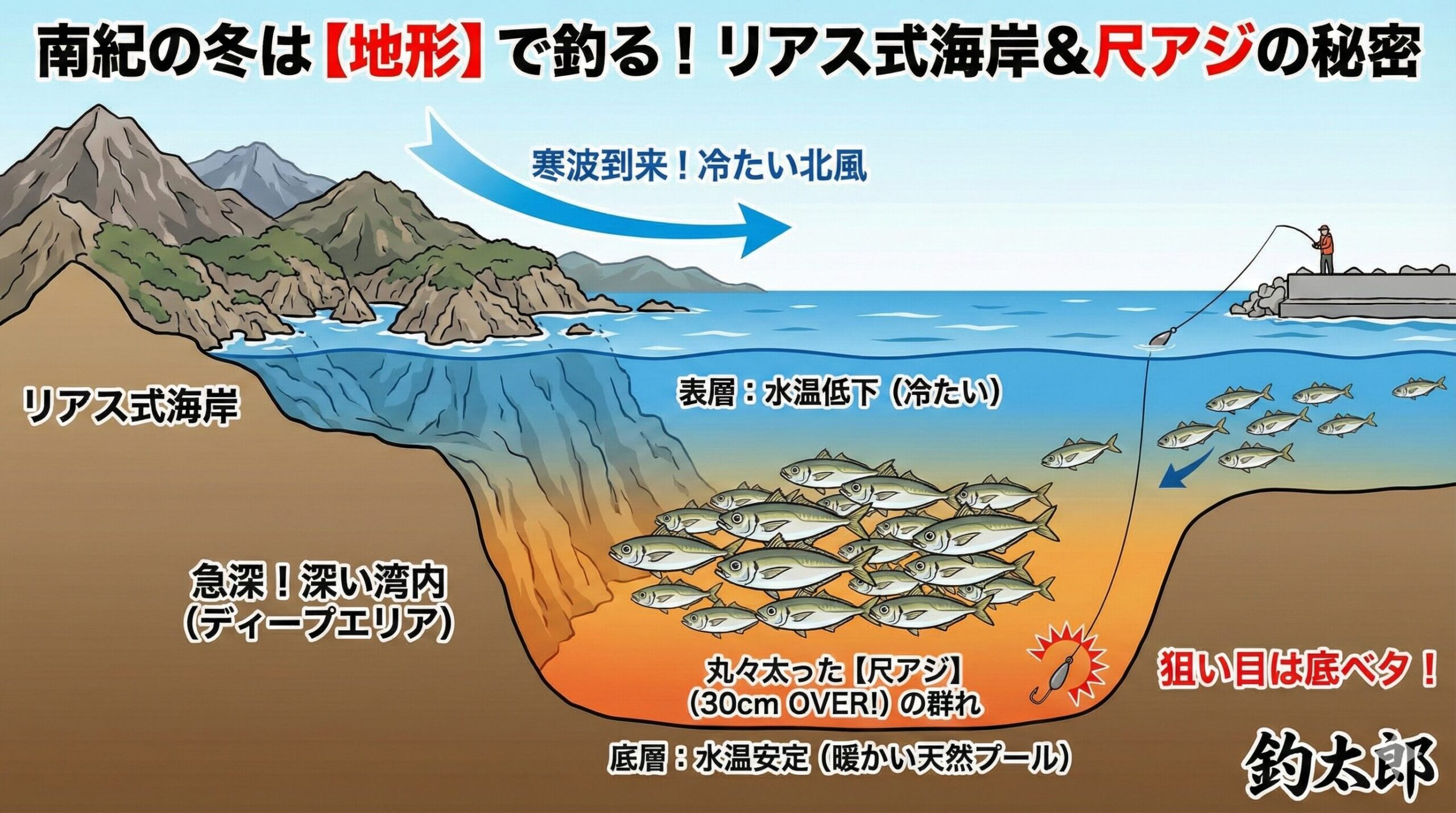 「寒いから釣れない」は、南紀には当てはまりません。リアス式海岸という最高の地形が、大型アジを岸近くまで連れてきてくれます。釣太郎