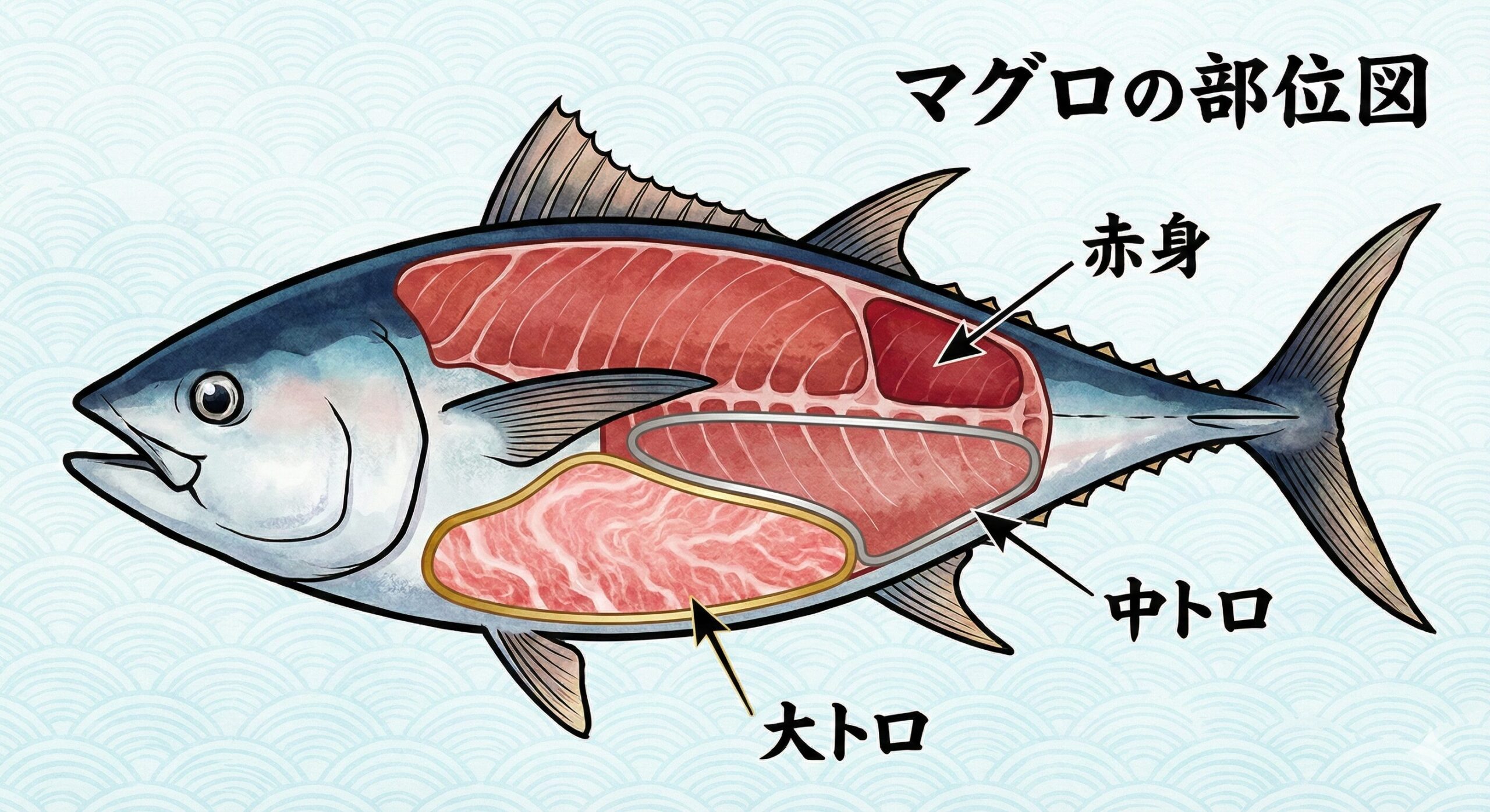 大トロの部位は腹部の外側（腹カミ〜腹下）。中トロは背中寄りの腹部（腹ナカ）。マグロの部位紹介。釣太郎