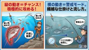 「縦なら攻めろ、横なら耐えろ」 これが寒グレ釣りの鉄則。釣太郎
