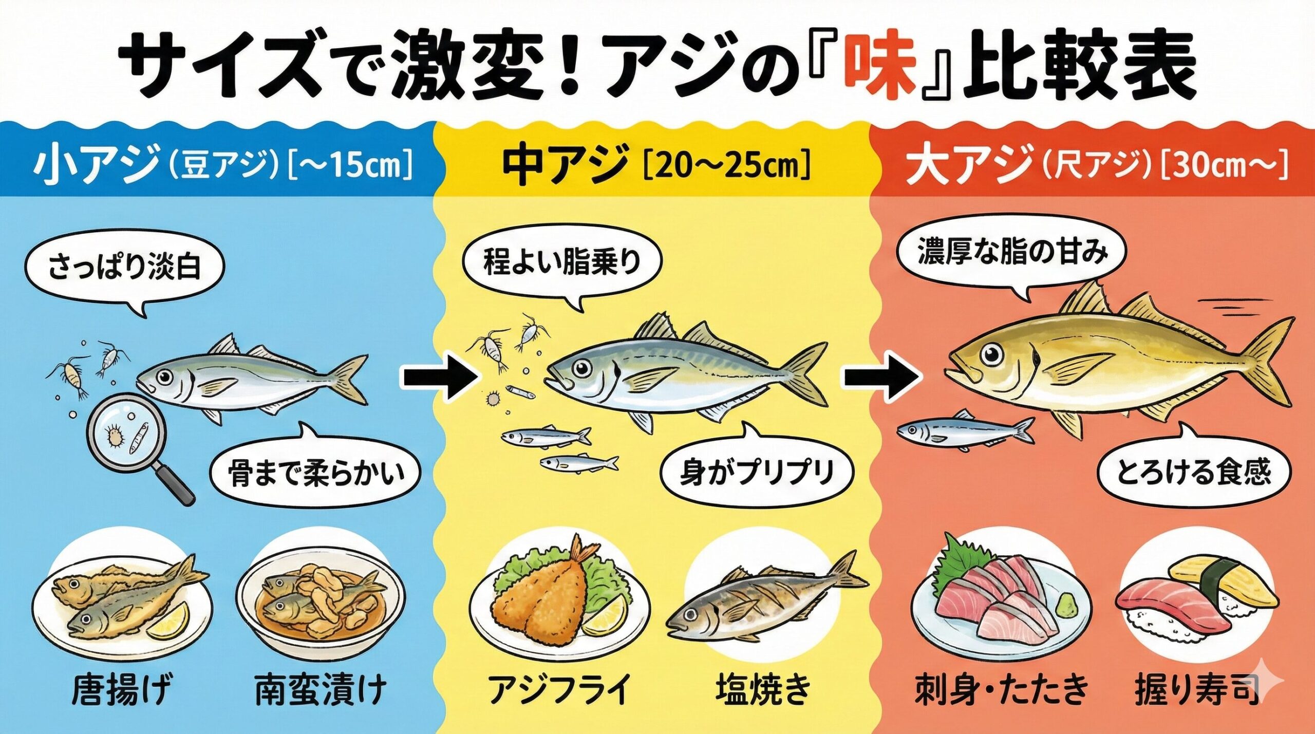 アジは「味」が良いからアジ。どのサイズでも美味しい魚。小アジ ＝ 繊細な身質と香ばしさ。大アジ ＝ 濃厚な脂とボリューム。釣太郎