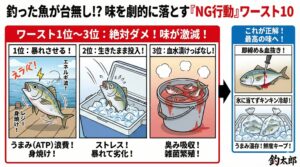 釣り魚を不味くする原因は、ほとんどが「温度管理」と「締め方」のミス。暴れさせずに即締める。真水や氷に直接当てない。キンキンに冷やして持ち帰る。釣太郎