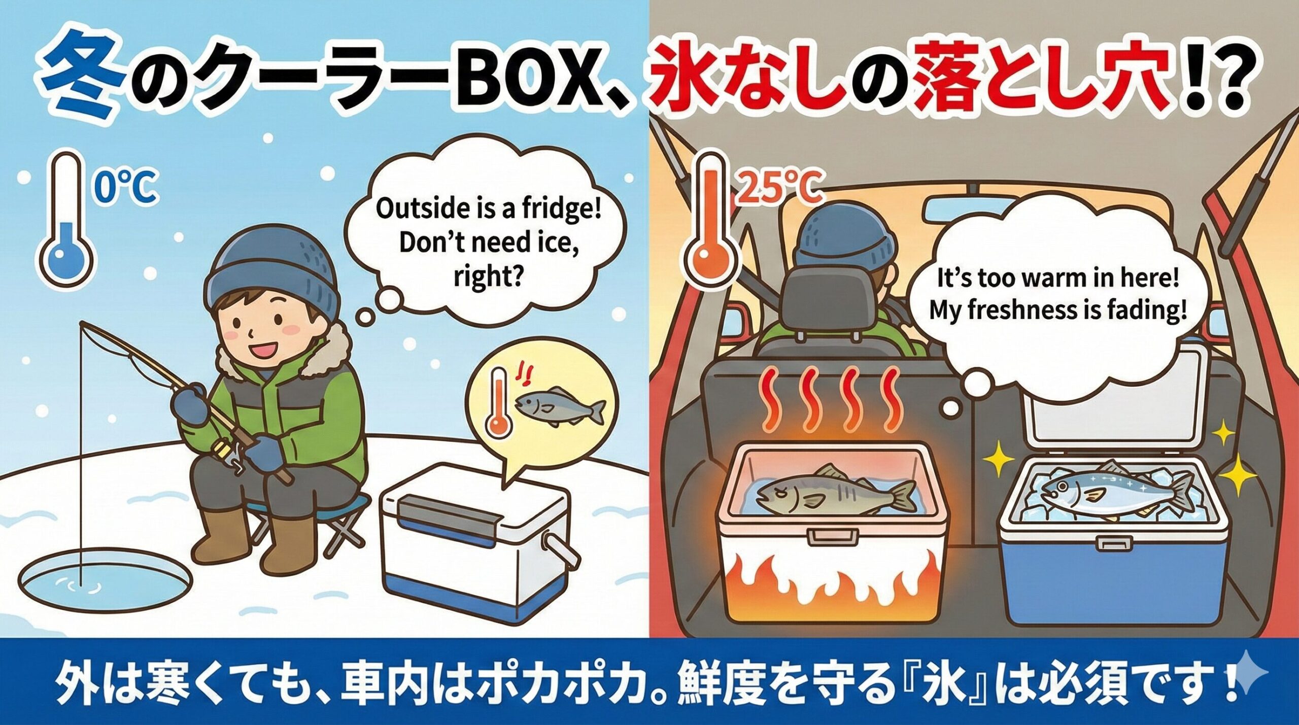 冬であっても、クーラーボックスには必ず「冷媒（氷や保冷剤）」を入れるのが鉄則です。 ただし、夏場ほど大量に入れる必要はありません。釣太郎