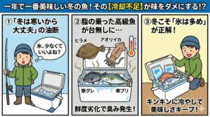 美味しい魚を美味しく食べるためのルールはシンプルです。 「冬であっても、夏場と同じ量の氷を用意する」こと。釣太郎