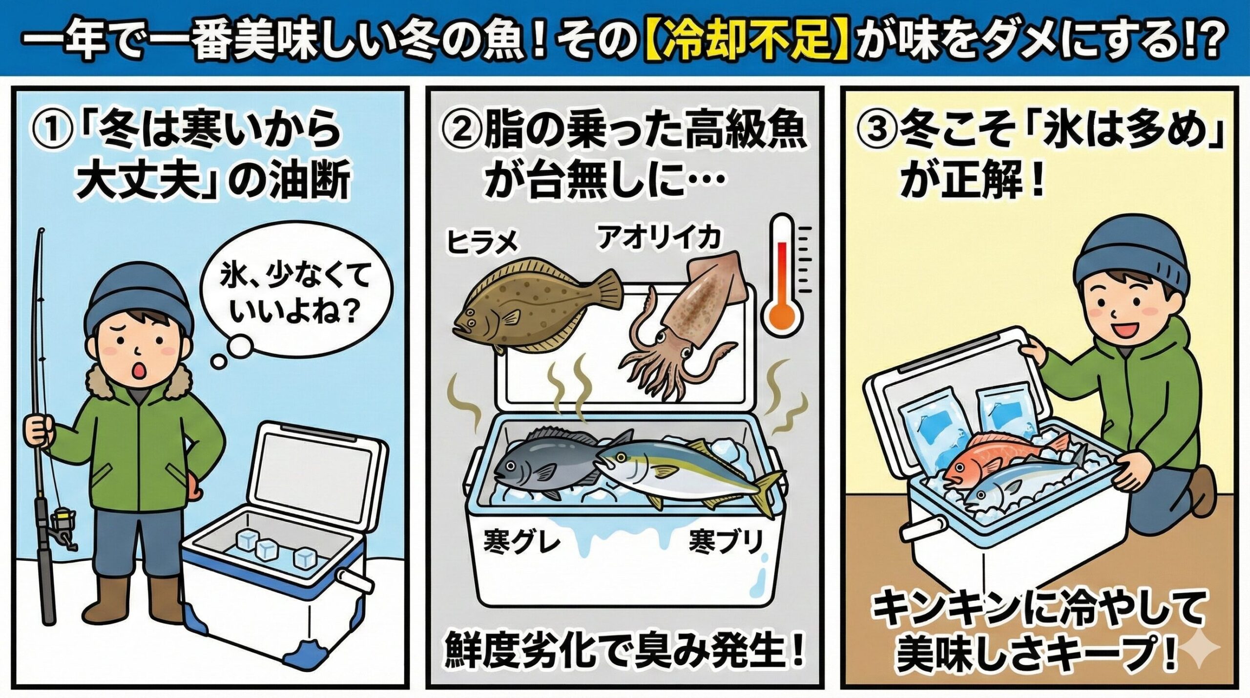 美味しい魚を美味しく食べるためのルールはシンプルです。 「冬であっても、夏場と同じ量の氷を用意する」こと。釣太郎