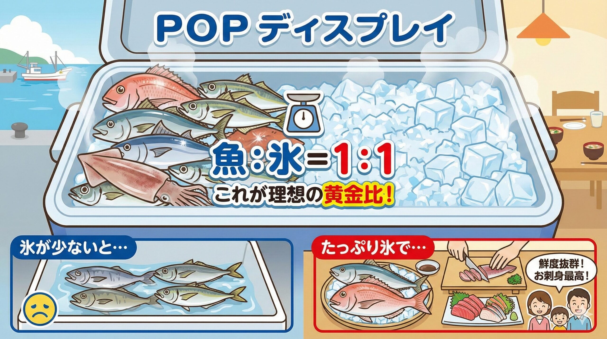 せっかく釣った高級魚も、鮮度が落ちれば台無しになってしまいます。 「魚：氷＝1：1」。 この黄金比率。釣太郎