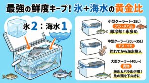 クーラボックス内の最高ベストコンディションは基本の黄金比は「氷 2 ： 海水 1」です。釣太郎