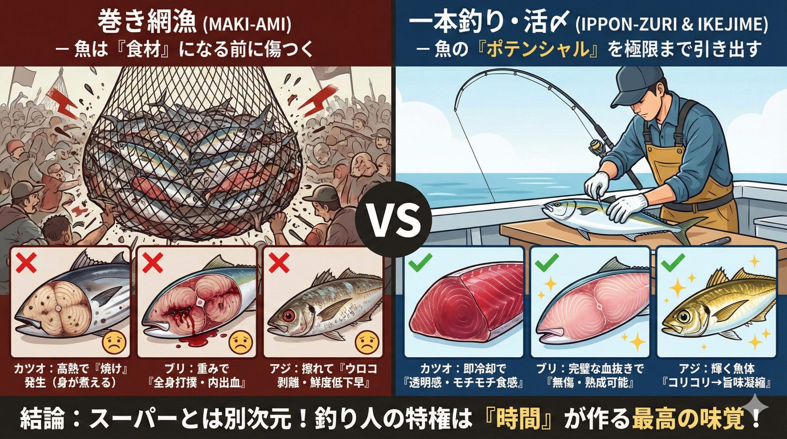 「スーパーのアジは安いのになあ」と思うかもしれません。 しかし、それは「瀕死の状態で揚がり、機械的に処理された魚」だから。釣太郎