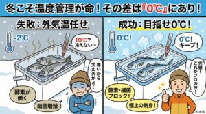 「冬の釣りは天然の冷蔵庫」という言葉は、半分正解で半分間違いです。 外気温に頼るのではなく、能動的に「蔵―ボックス内0℃」を作り出すこと。釣太郎