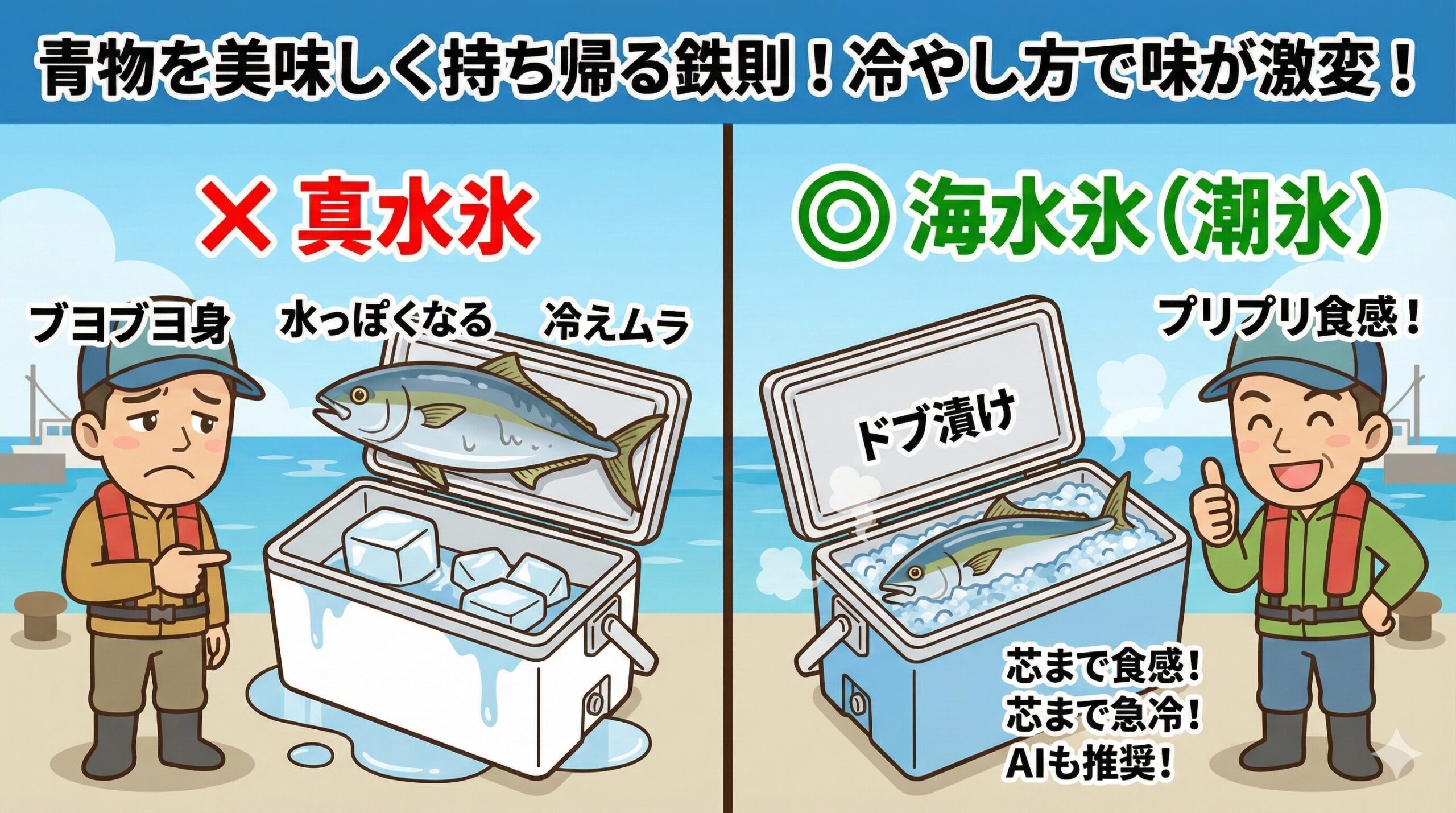青物の美味しさは、釣った後の処理で決まる。「海水氷」を使うことは、単に冷やすだけでなく、浸透圧を利用して身の質を守る理にかなった方法。釣太郎
