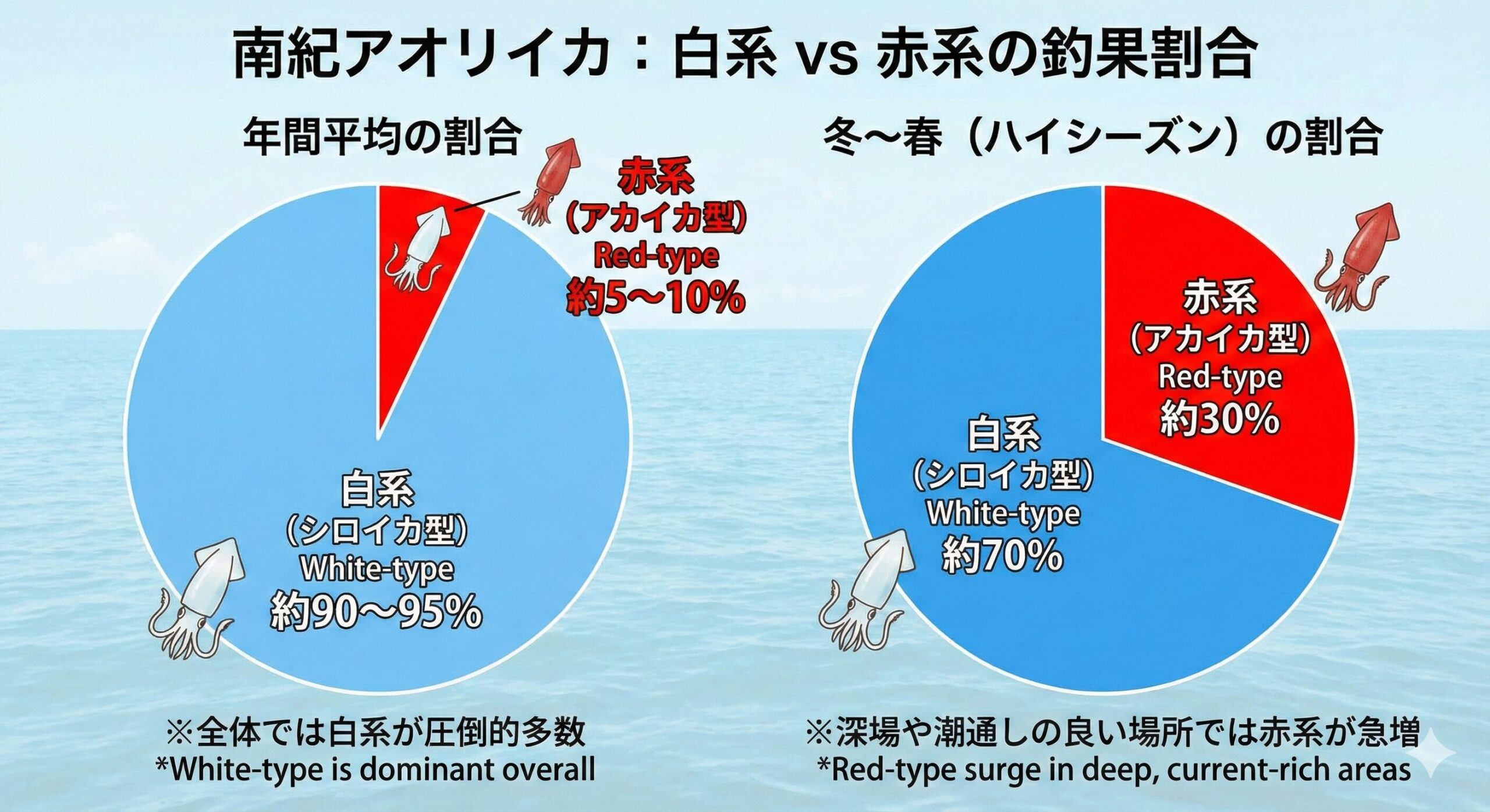 南紀で釣れるアオリイカ、白系（確率90％）： 漁港内、ワンド、藻場、水深の浅いエリア。赤系（確率10％）： 外洋に面した磯、水深10m以上の深場、黒潮が当たる潮通しの良い場所。釣太郎