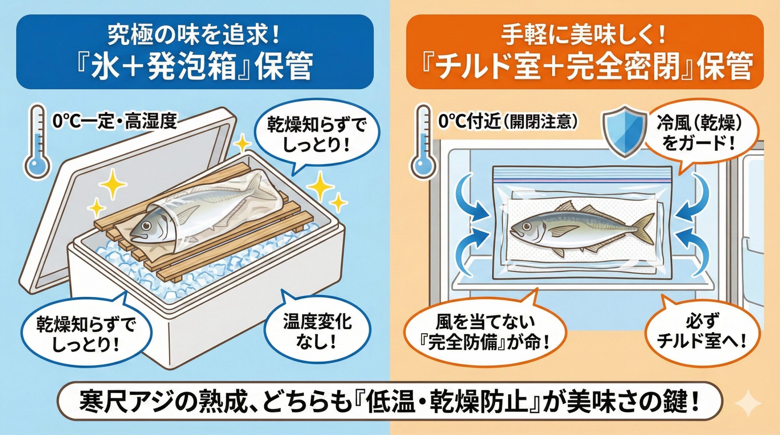 究極の味を求めるなら: 発泡スチロール＋氷で「高湿度・0℃一定」を作る。手軽に美味しくなら: 冷蔵庫のチルド室で「袋に入れて完全密閉」する。釣太郎