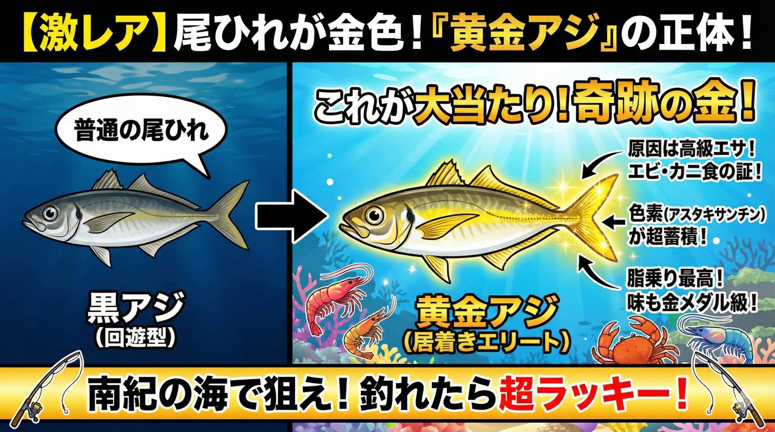 尾ひれが金色のアジ。 エビ・カニなど高級なエサを食べてきた証。 厳しい生存競争を生き抜いた健康優良児。脂質含有量が極めて高い「約束された美味」釣太郎