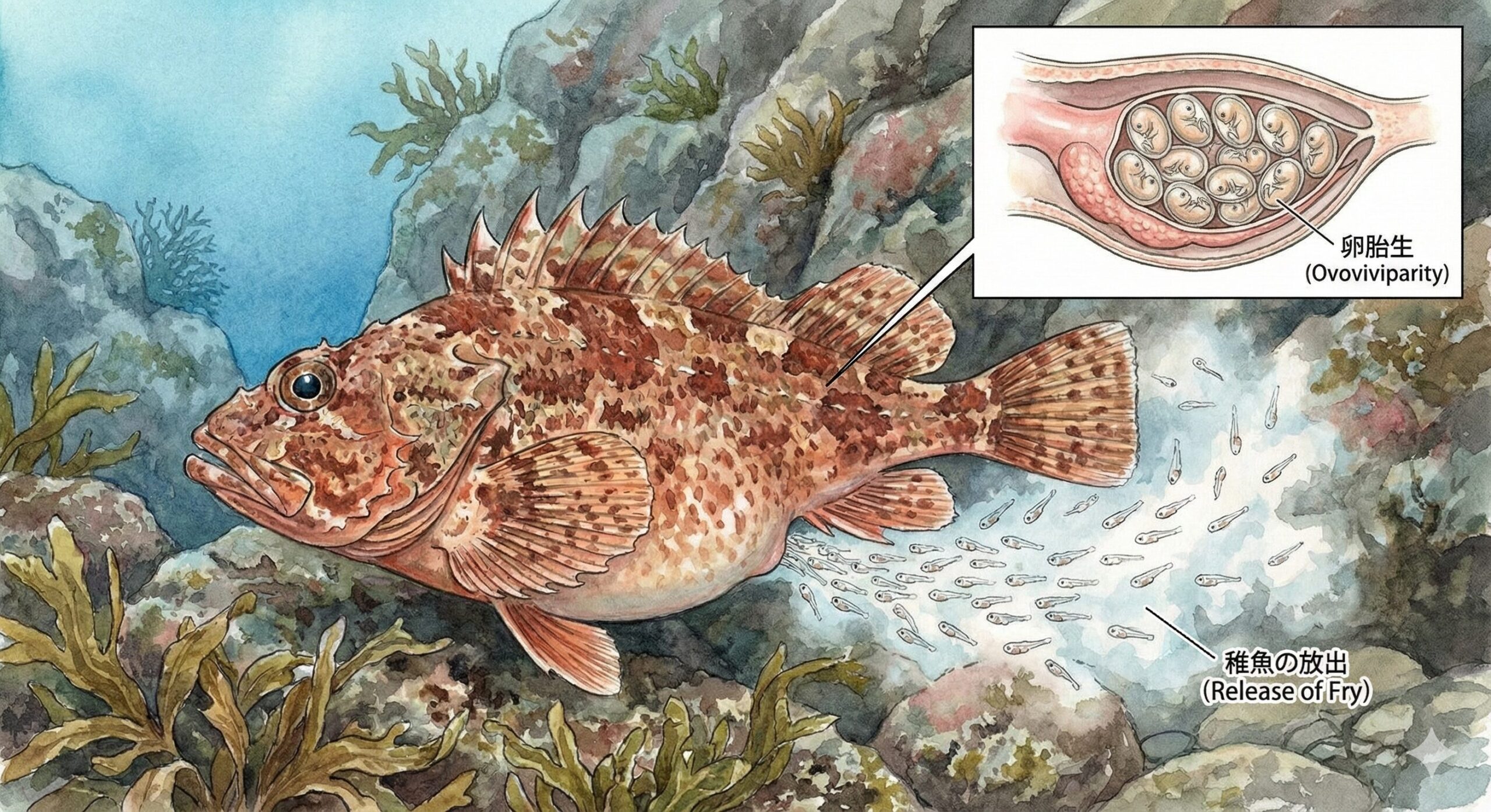 カサゴ（ガシラ）は卵ではなく仔魚を産む・1回の出産数は約1万～5万尾・生涯出産数は10万～30万尾以上・成魚まで育つ確率は0.01％以下。釣太郎