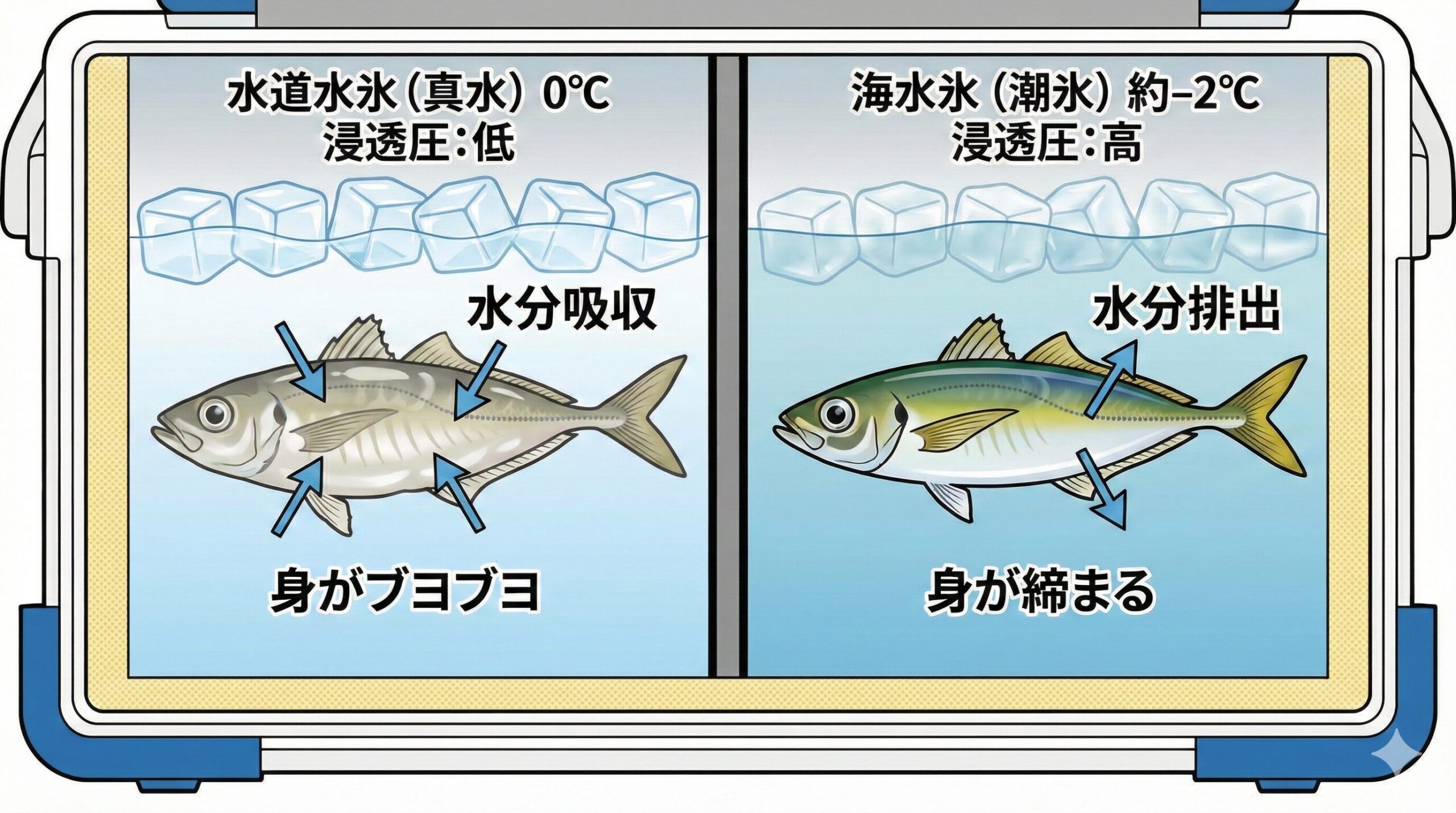 「この魚、水っぽいな…」と感じたら、それは浸透圧のせいかもしれません。海水氷なら問題ありません。釣太郎