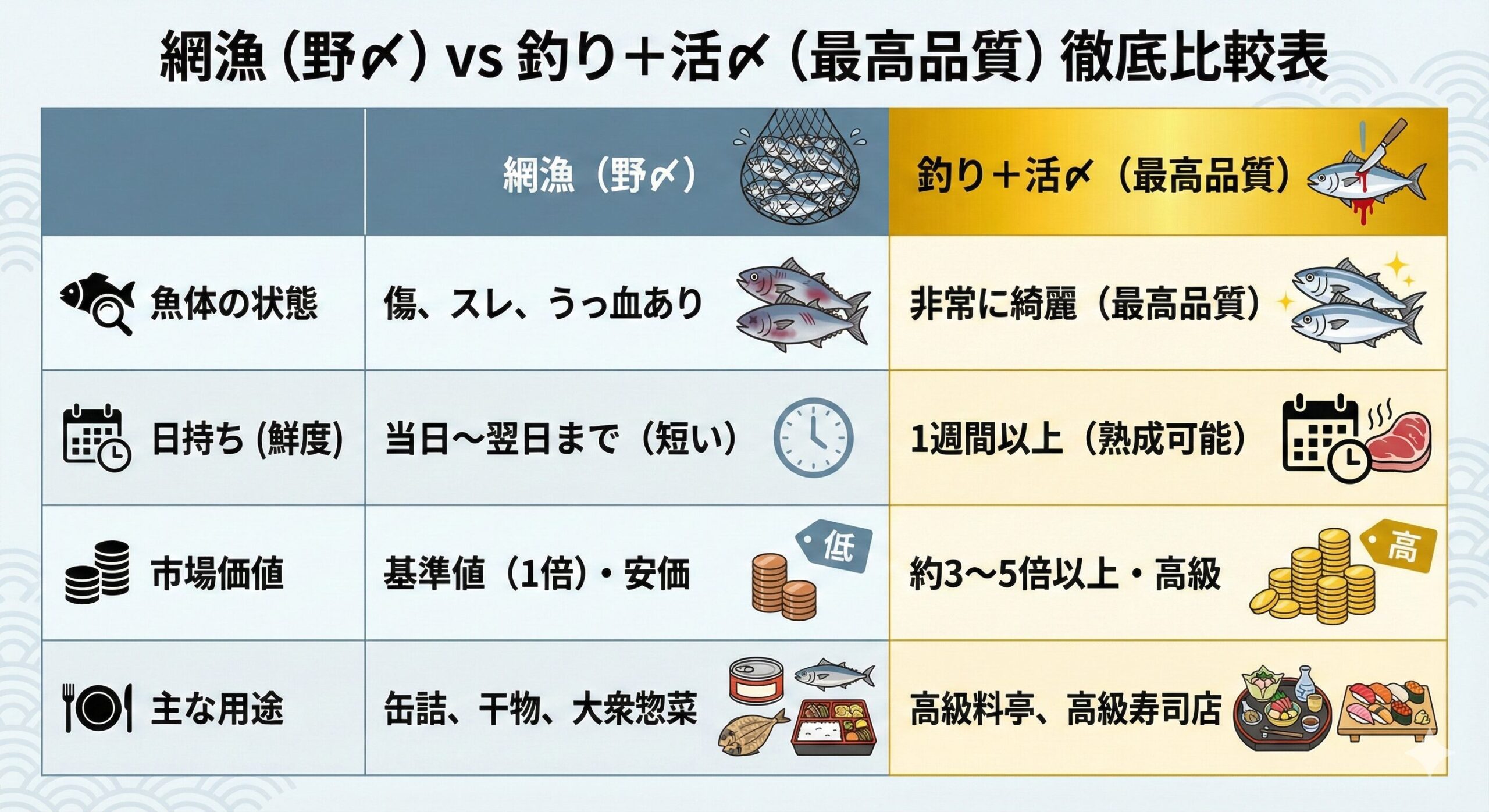 網漁: 暴れてエネルギー枯渇。 安価だが味は落ちる。釣り（野〆）: 網よりは良いが、旨味のポテンシャルを活かしきれていない。活〆: 科学的にも証明された「旨味の塊」。 市場価値は最高ランク。釣太郎