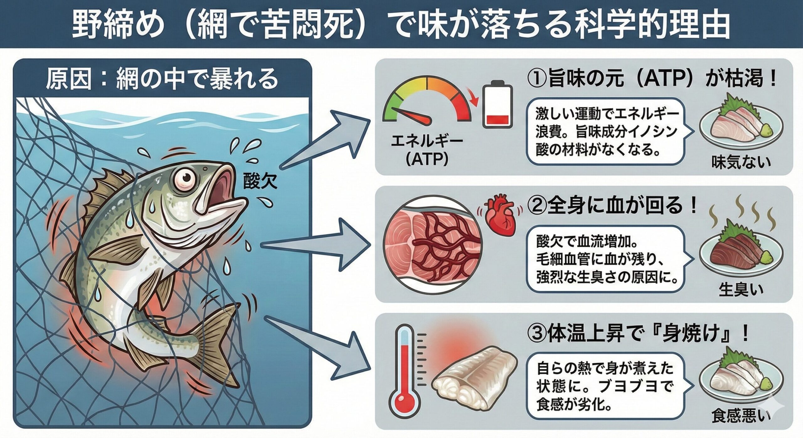 網の中で暴れ野締めの魚がマズい理由。エネルギーを使い果たし、旨味の元が枯渇。酸欠で苦しみ、全身に血が回る。釣太郎
