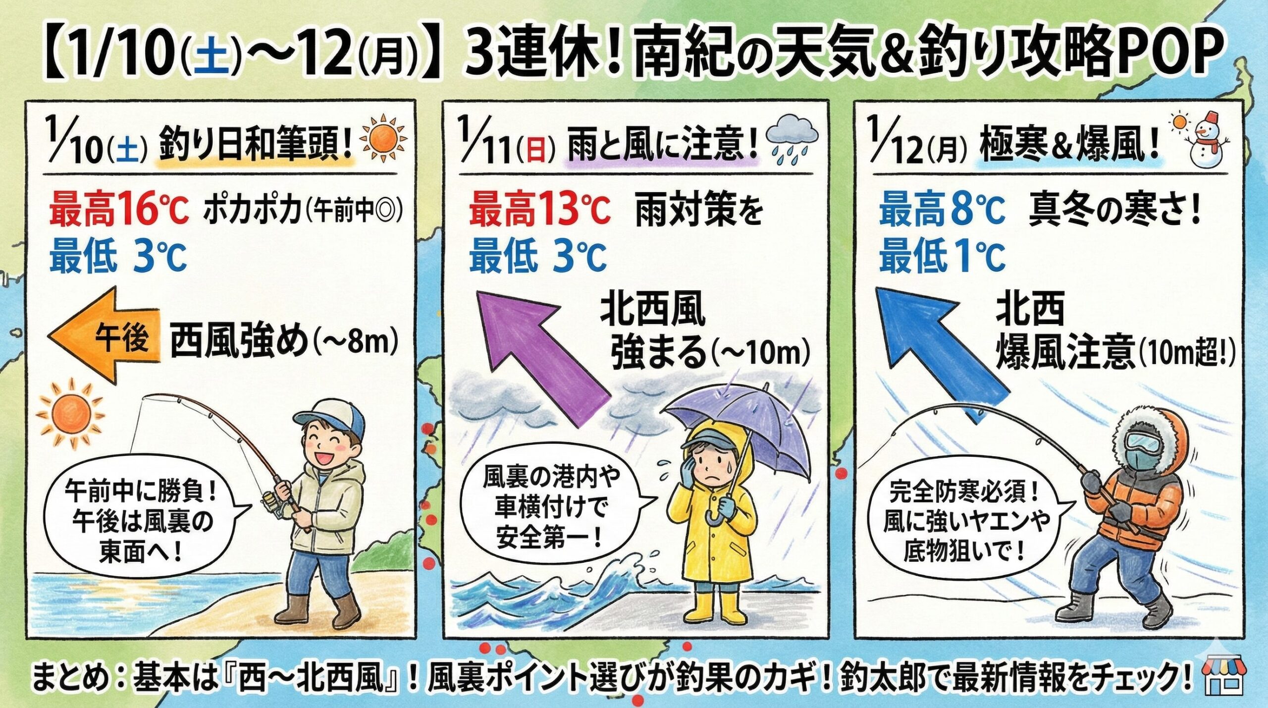 いよいよ明日から3連休。南紀エリアの予報を見ると、土曜日と月曜日で「季節が違う」ほどの気温差がありそうです。釣太郎