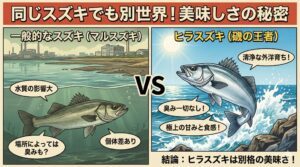 スズキ：環境への適応力は高いが、水質の影響をもろに受け、個体差が激しい。ヒラスズキ：綺麗な水と激しい流れの中でしか生きられない。釣太郎