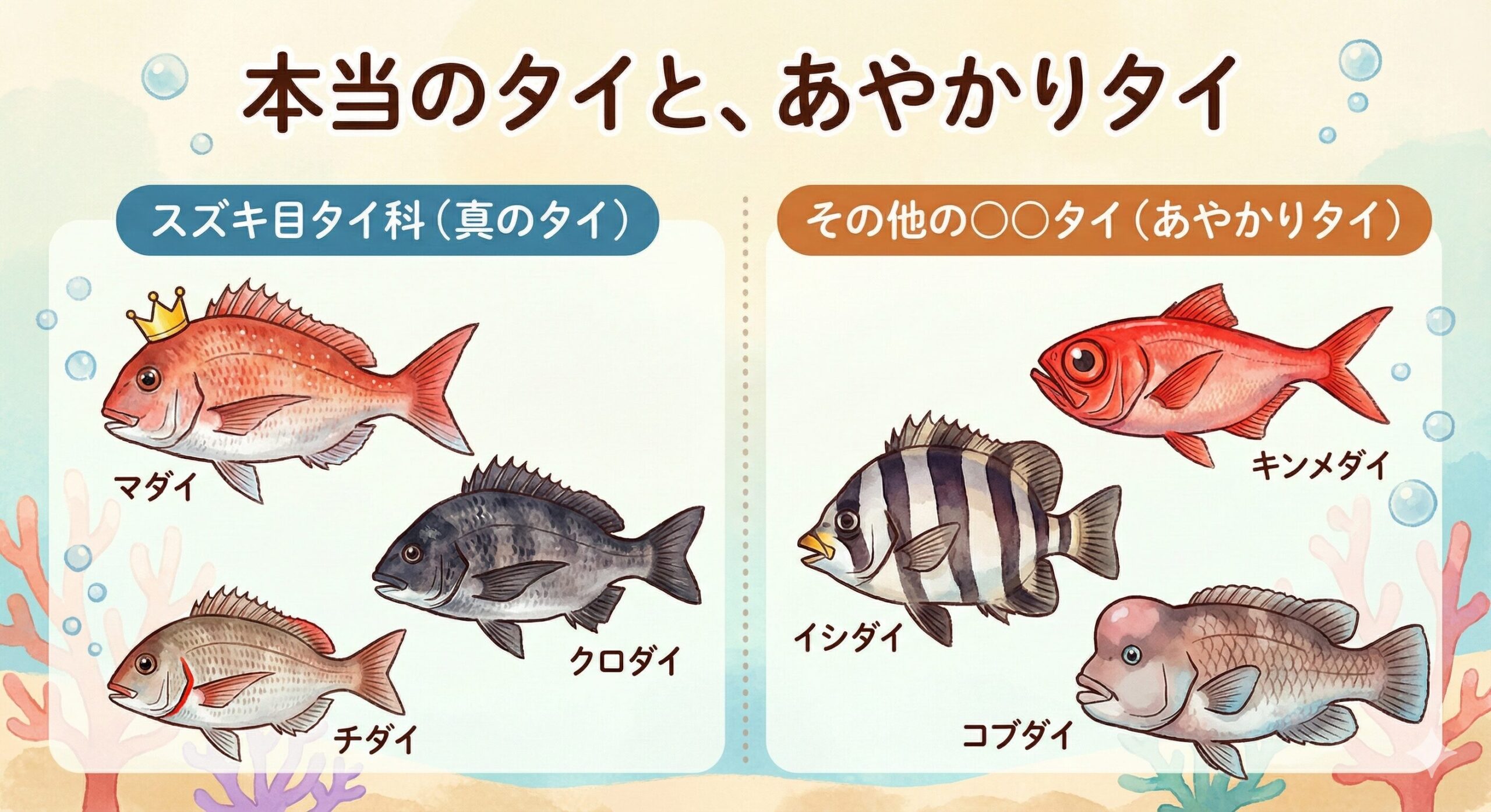 日本には「〇〇タイ」と名前のつく魚が200種類以上もいることをご存知でしょうか？ 実はそのほとんどが、生物学的には「タイ科」ではない、いわゆる**「あやかりタイ」釣太郎