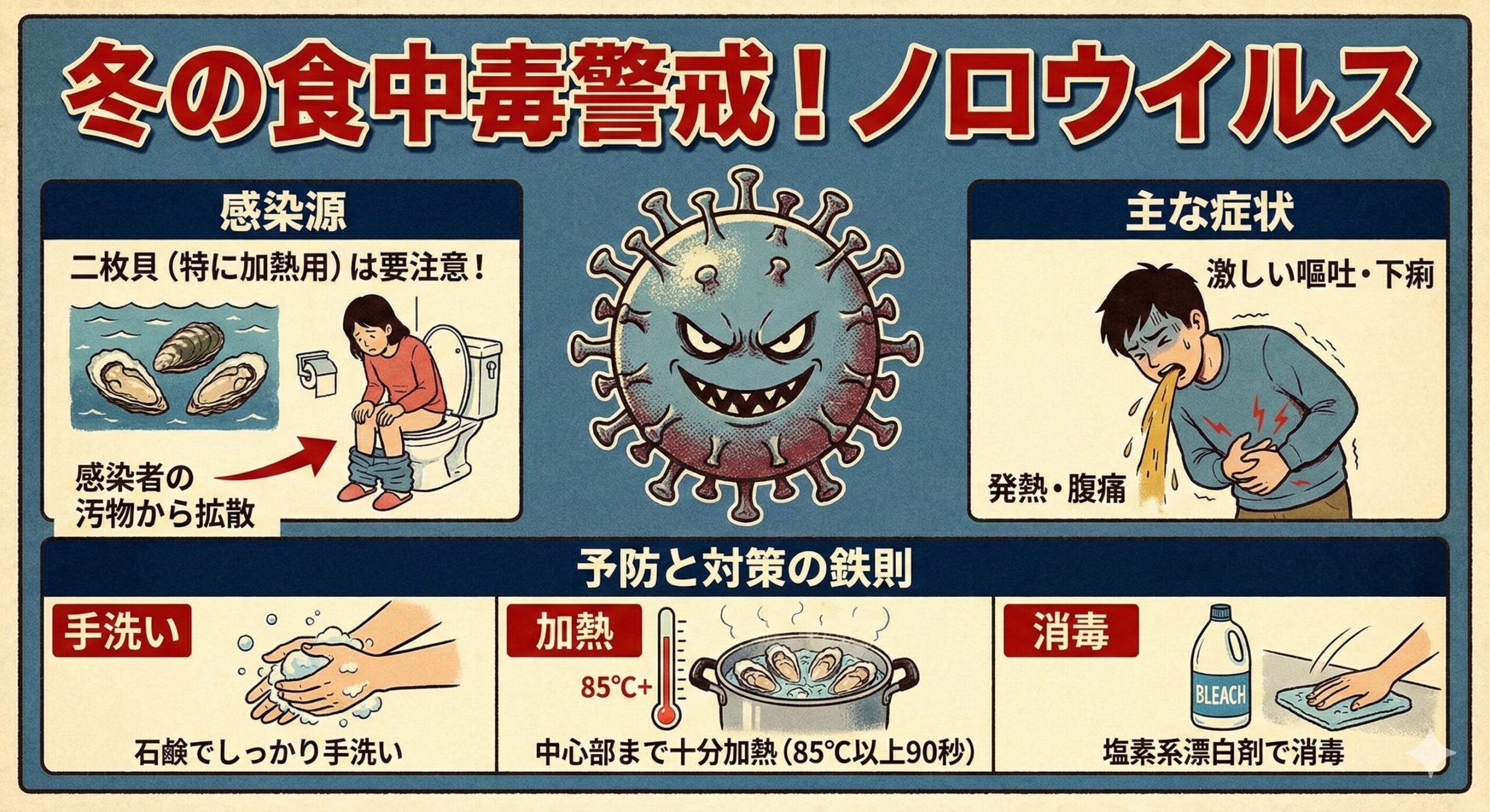 冬の食中毒ノロウィルス。症状は激しい嘔吐と下痢、特効薬はない。スーパーの牡蠣は「表示」を必ず確認。「加熱用」は絶対に生で食べない。加熱は「85℃〜90℃で90秒以上」。釣太郎