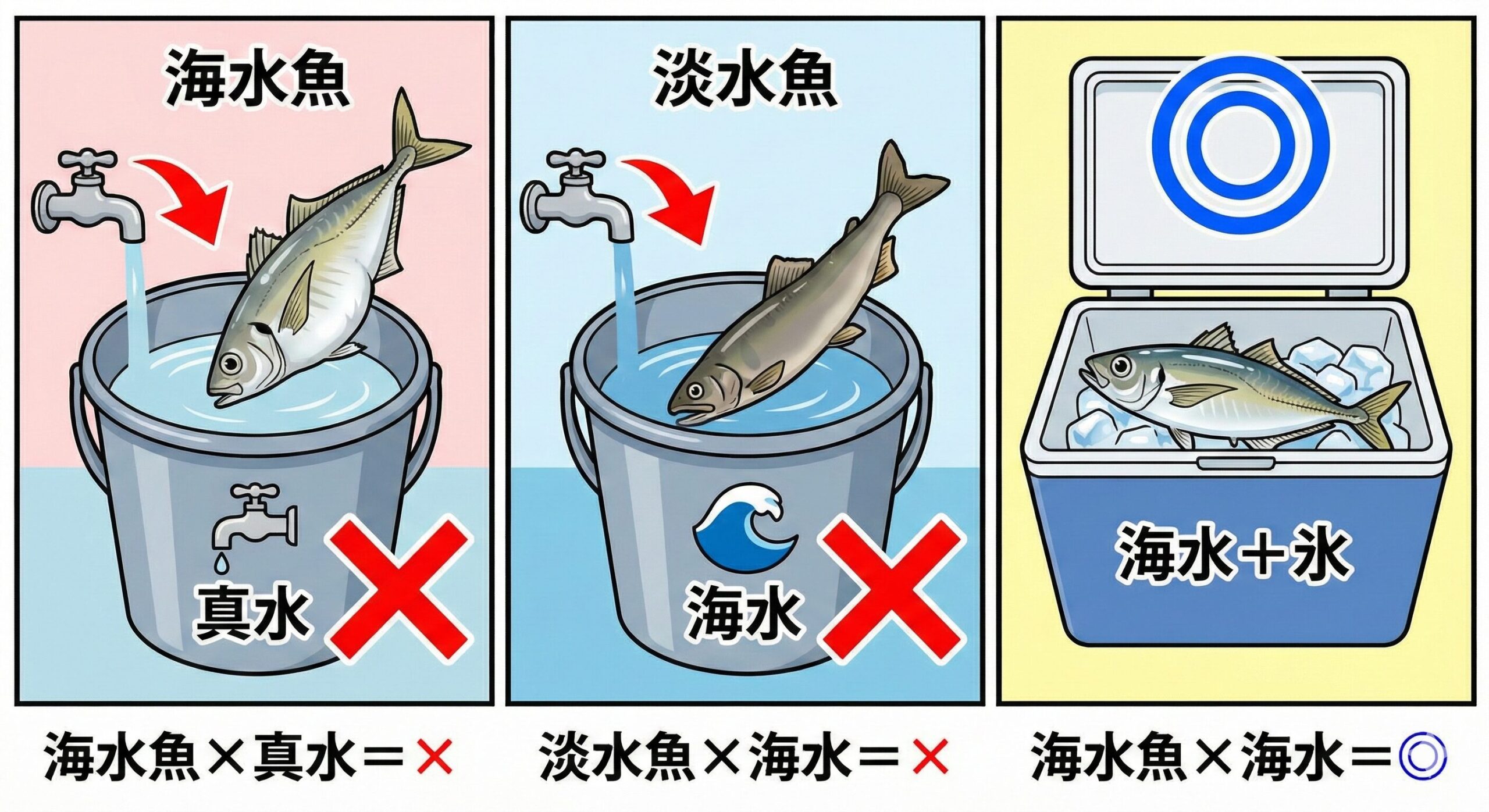 魚冷却、海水魚 × 真水 ＝ ×（絶対にNG） 淡水魚 × 海水 ＝ ×（NG）海水魚 × 海水 ＝ ◎（正解！）釣太郎