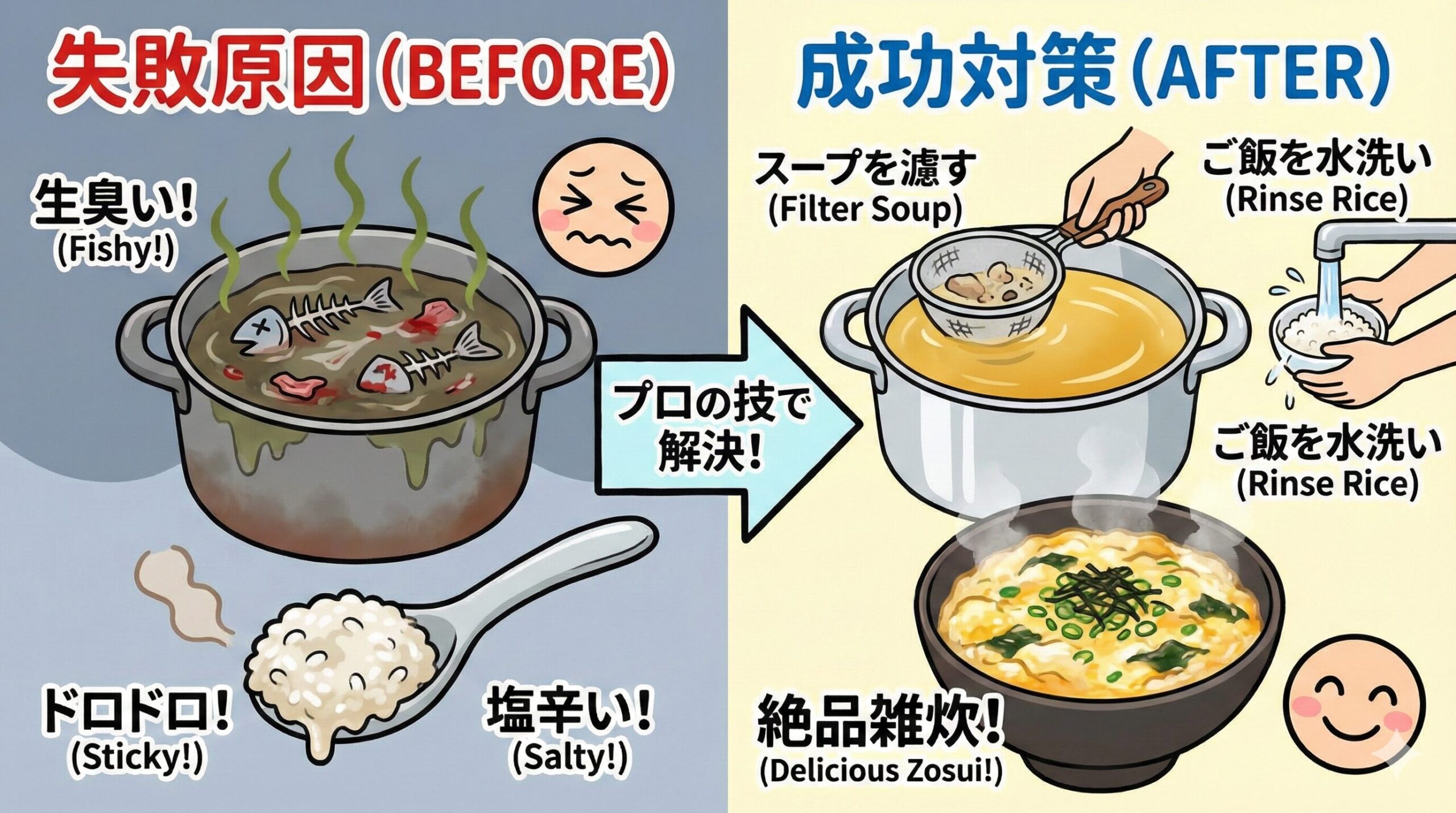 魚鍋のあとの雑炊が美味しくならない主な原因は、「魚の臭み」「煮詰まりすぎ」「お米のぬめり」釣太郎