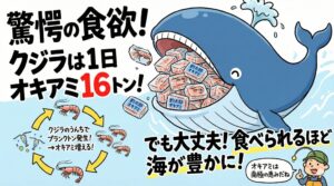 大型のクジラはひと飲みで約90トンの水とオキアミを口に含む.釣太郎