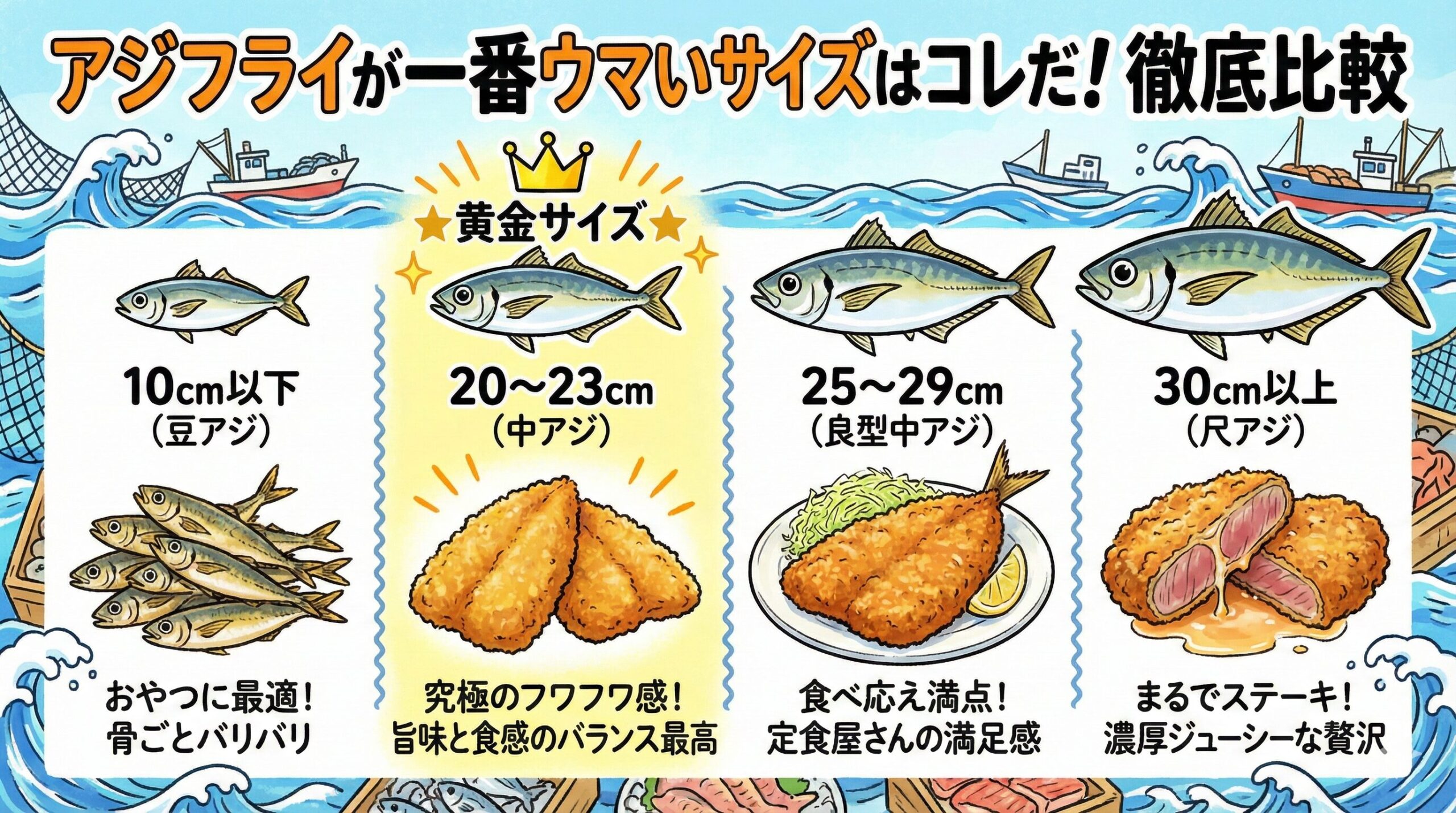 アジフライの黄金サイズは「20cm〜23cm」釣太郎