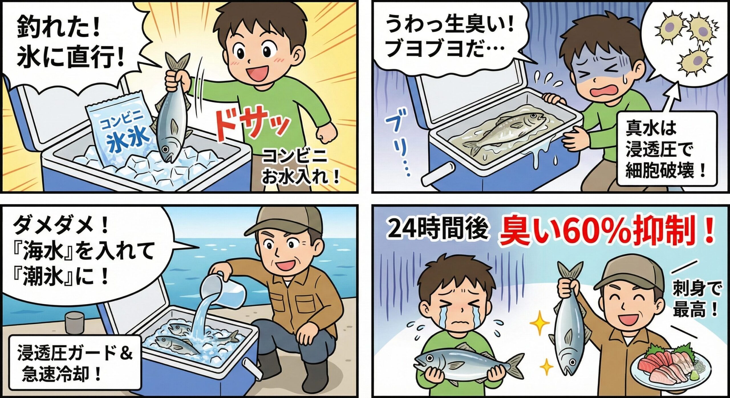 魚冷却、普通氷から海水氷に変えれば、24時間後の時点で約60％以上の臭い抑制効果。釣太郎