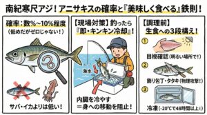 南紀の寒尺アジにアニサキスが入っている確率は、サバ等に比べれば低いものの、「絶対にいない」わけではありません。釣太郎