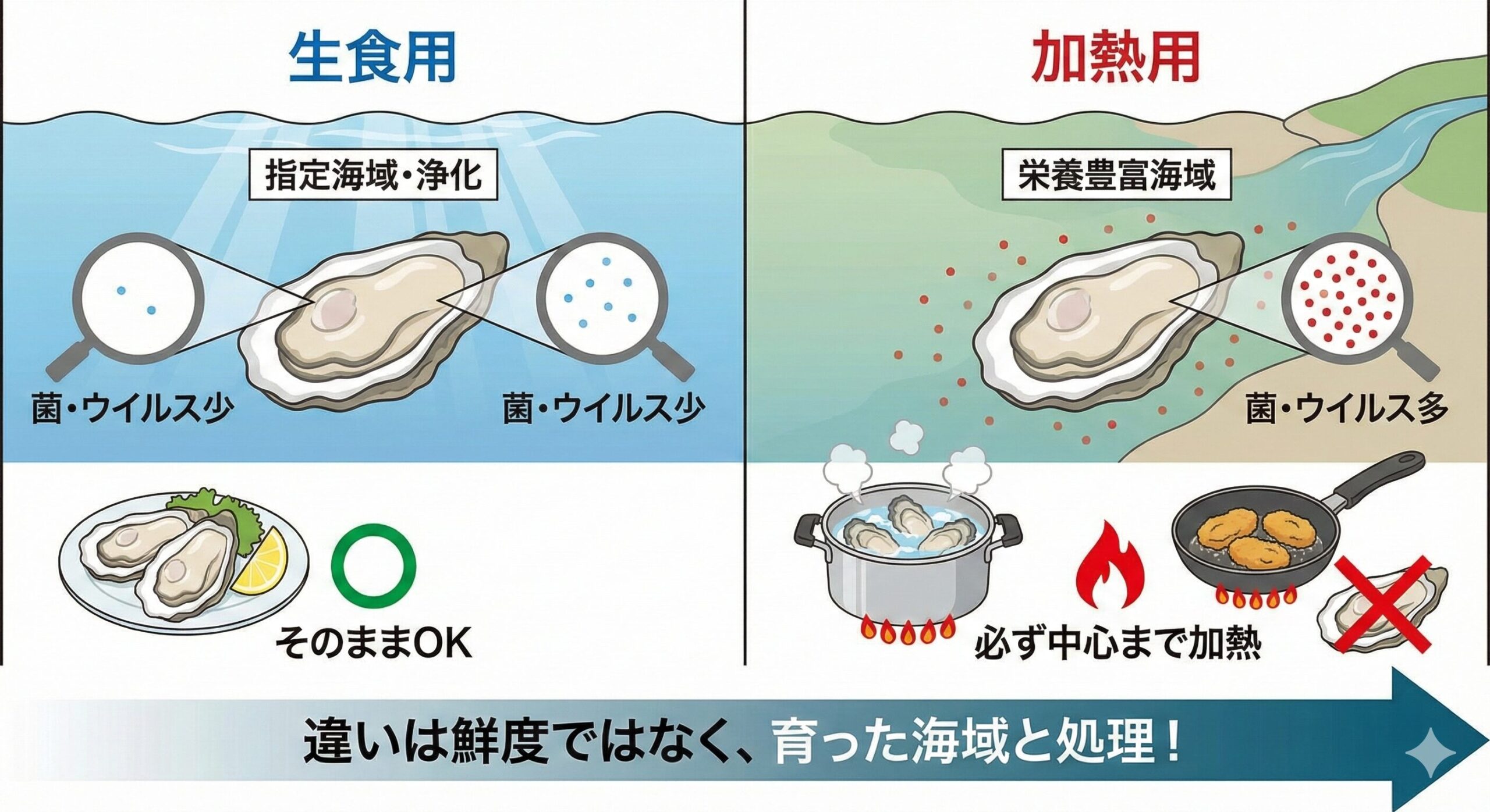 牡蠣、生食用」と「加熱用」の違いは鮮度ではない。「生食用」は洗浄・浄化された、安全重視のあっさり味。 「加熱用」は栄養豊富な海で育った、濃厚な味（要加熱）。加熱用を生で食べるのは、新鮮でも絶対にNG。釣太郎