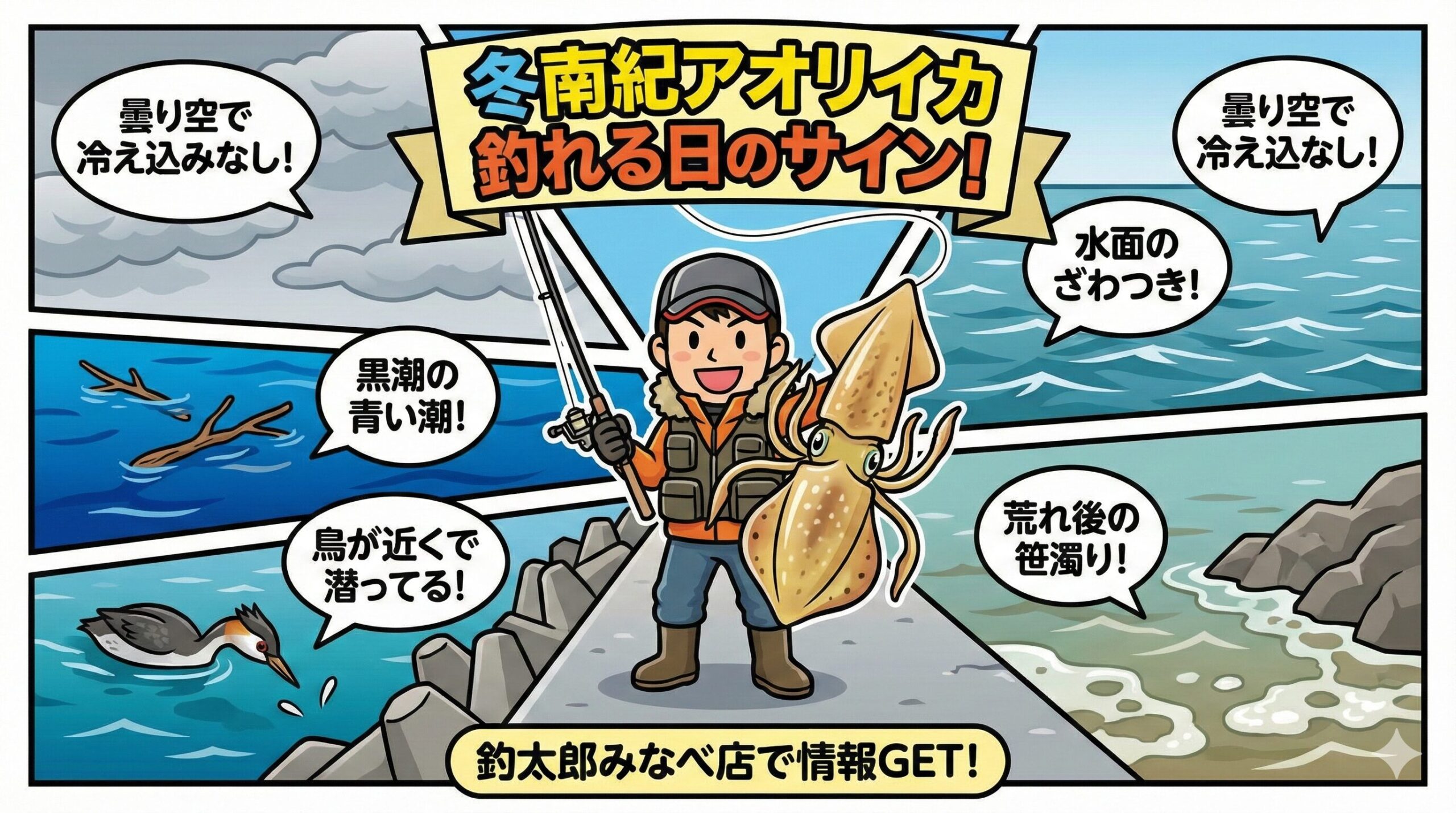 放射冷却のない曇り空。黒潮由来の青黒い潮と浮遊物。岸近くで潜る海鳥。水面の適度なざわつき。荒れ後の笹濁り。これらが重なった日が、冬の南紀アオリイカにおける「Xデー」釣太郎