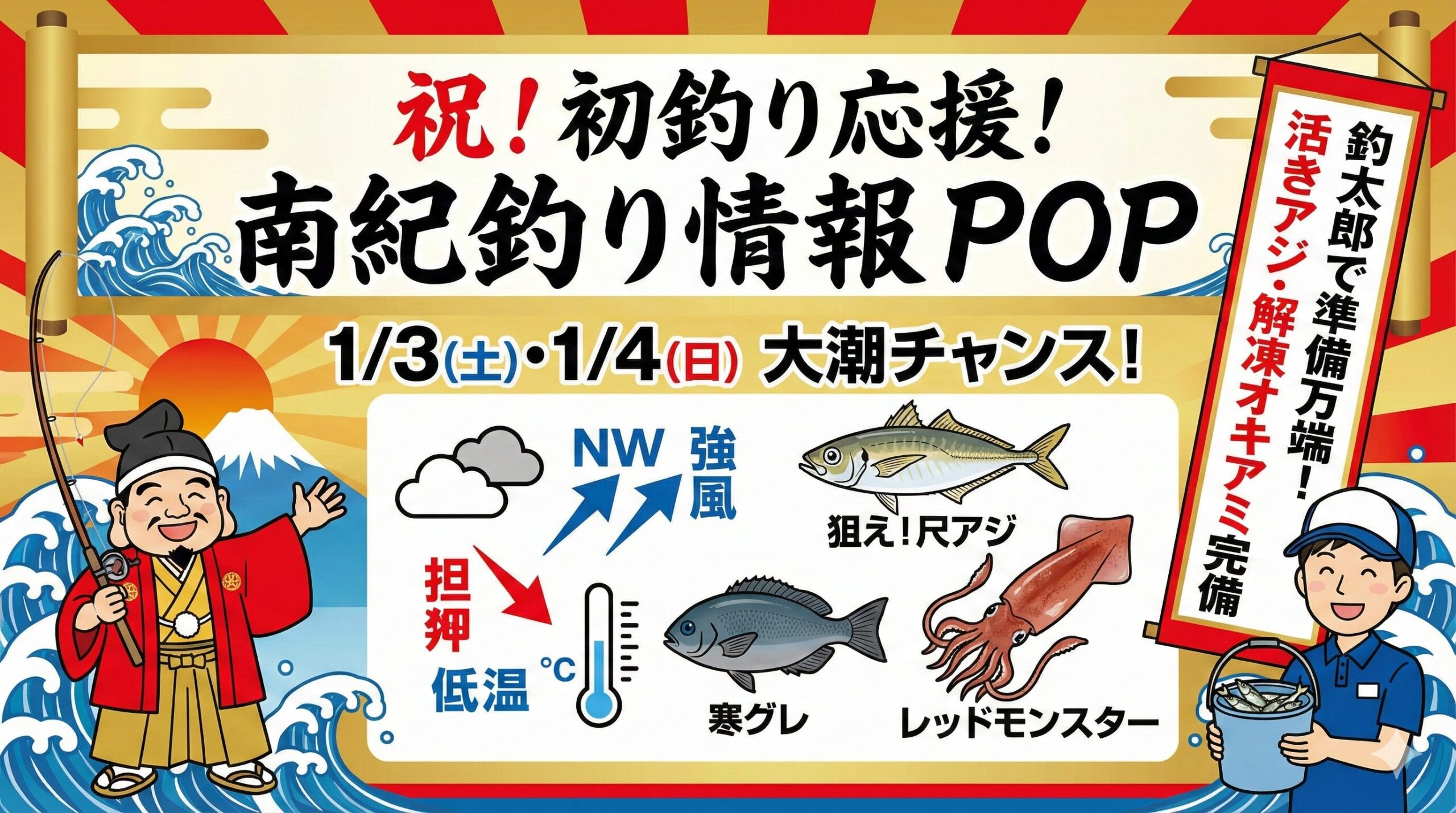 この週末は「大潮」という好条件ですが、北西風への対策が必要。無理をして波を被る場所には立たず、安全第一で初釣りを楽しんでください。釣太郎