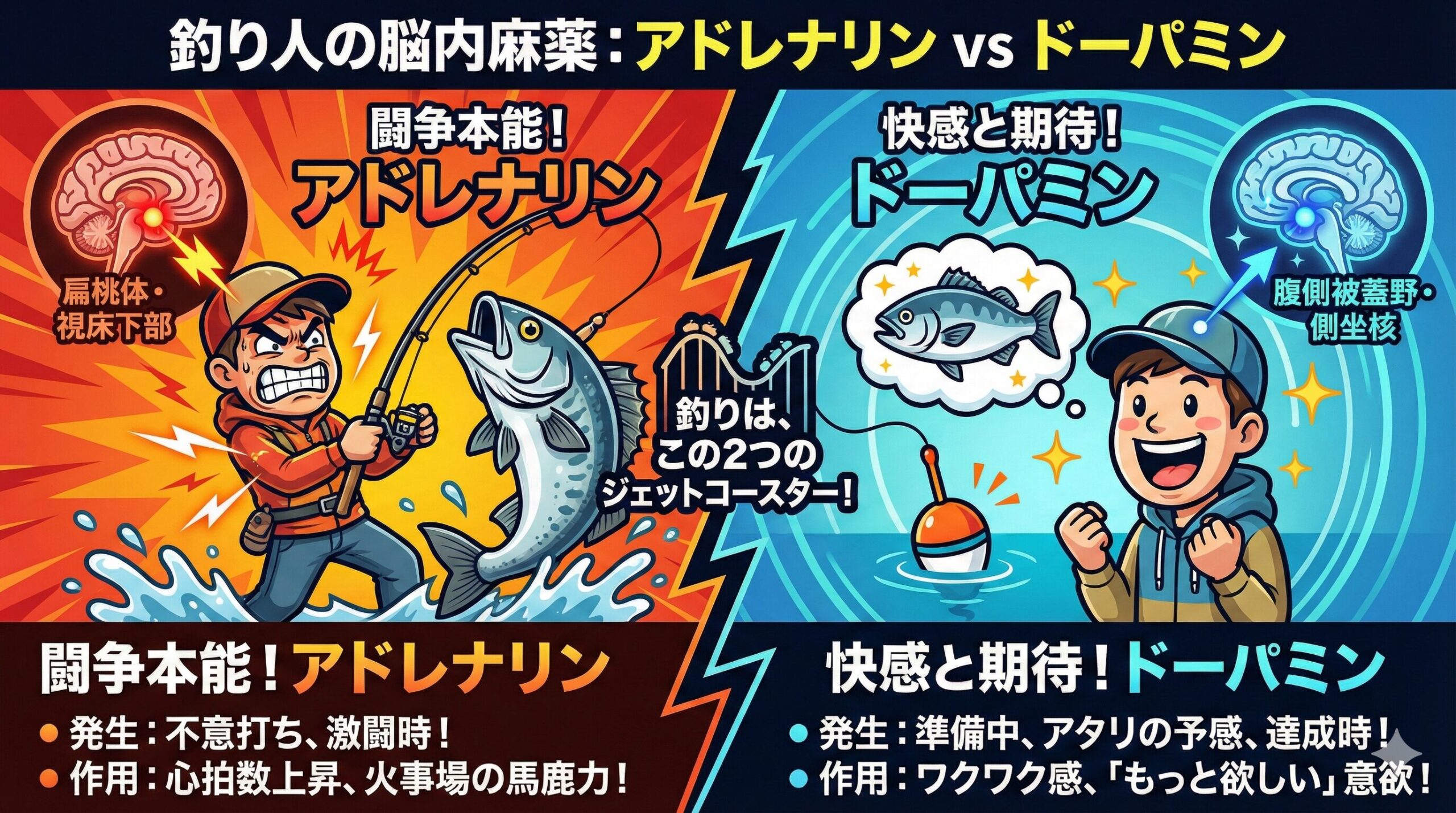 ウキを見てドキドキする（ドーパミン）。突然のアタリで心臓が跳ねる（アドレナリン）。強烈な引きに耐える（アドレナリン）。無事にタモに収まり、最高の達成感を味わう（ドーパミン）。釣太郎
