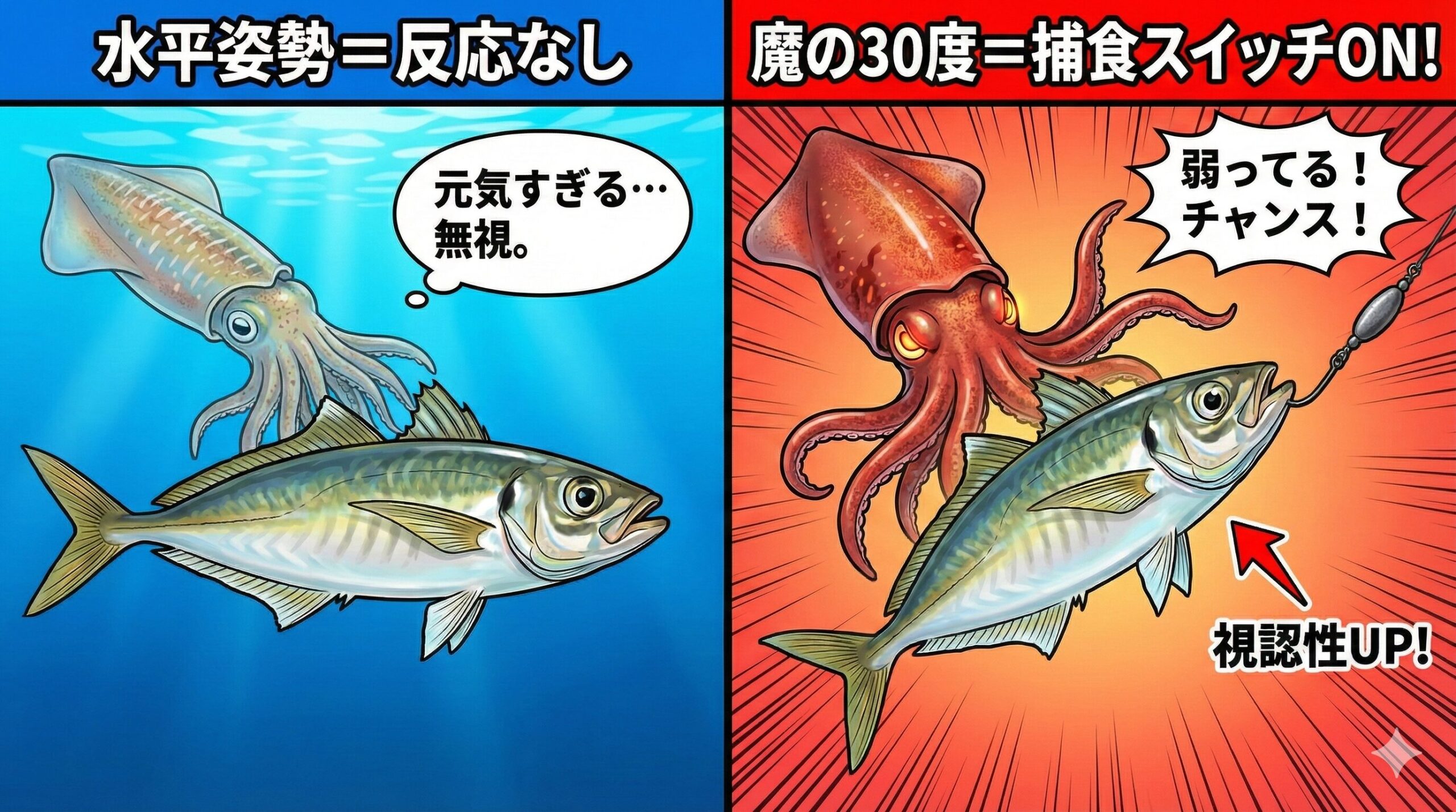 南紀のアオリイカ攻略のカギは、アジを自由に泳がせる時間（水平）と、テンションを掛けて頭を上げさせる時間（斜め30度）のメリハリ。釣太郎