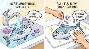 魚の臭みを防ぐ決定打は「水洗い」ではない。 その後の「塩による脱水」と「徹底した水気の拭き取り」こそが、プロの味に近づくための最短ルート。釣太郎
