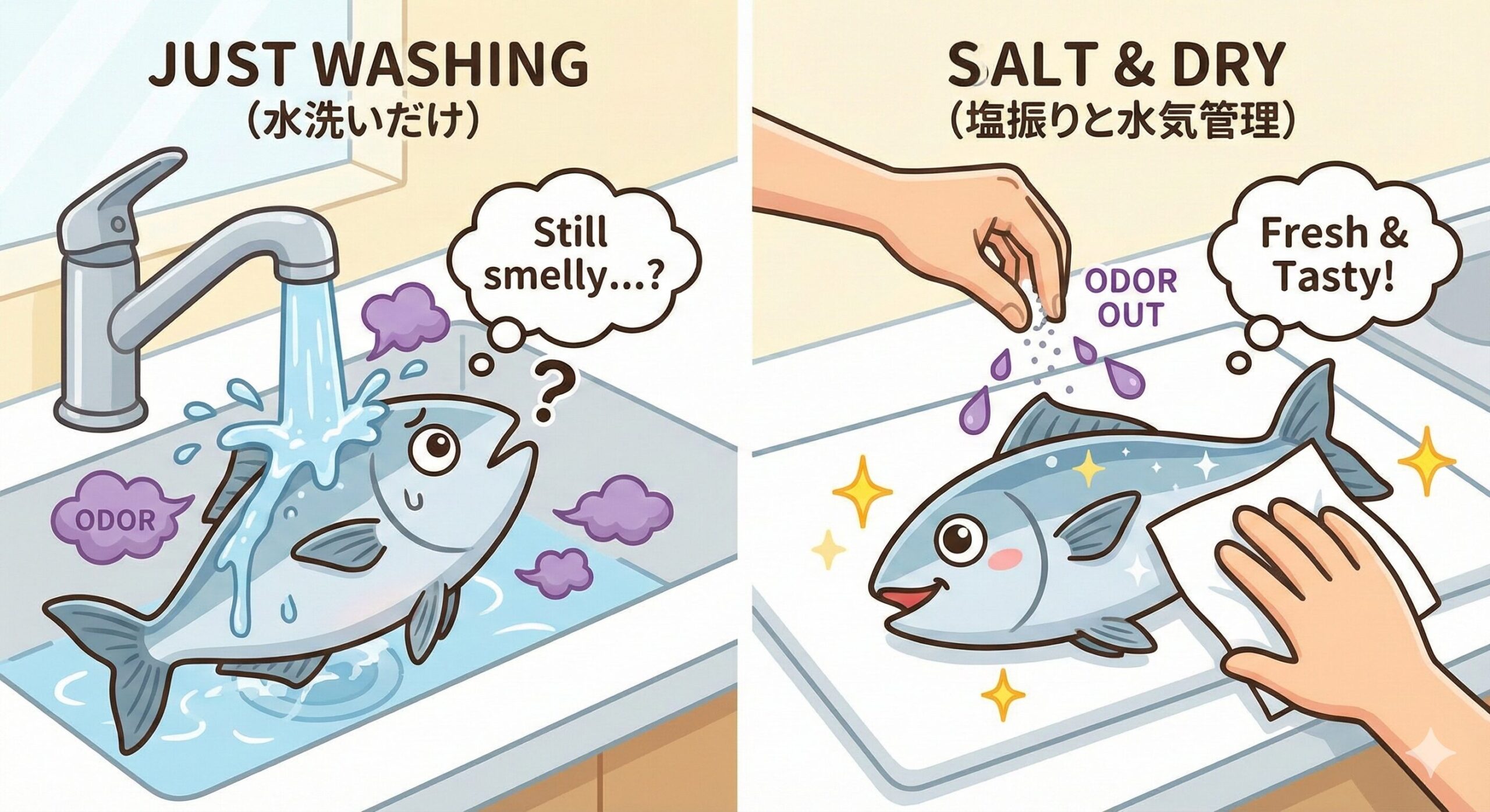 魚の臭みを防ぐ決定打は「水洗い」ではない。 その後の「塩による脱水」と「徹底した水気の拭き取り」こそが、プロの味に近づくための最短ルート。釣太郎