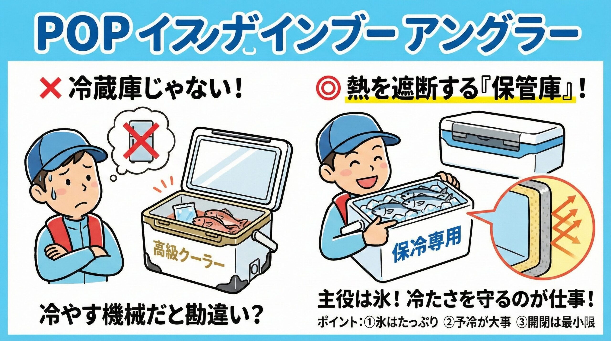 クーラーボックスは、中に入れたものの「温度を保つ（保温・保冷）」ための道具。「冷やす機械」ではなく、「熱を遮断する箱」釣太郎