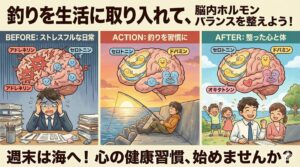 釣りはドーパミン、セロトニン、エンドルフィンなどの脳内ホルモンをバランスよく分泌し、メンタルヘルスを向上させる強力なツール。釣太郎