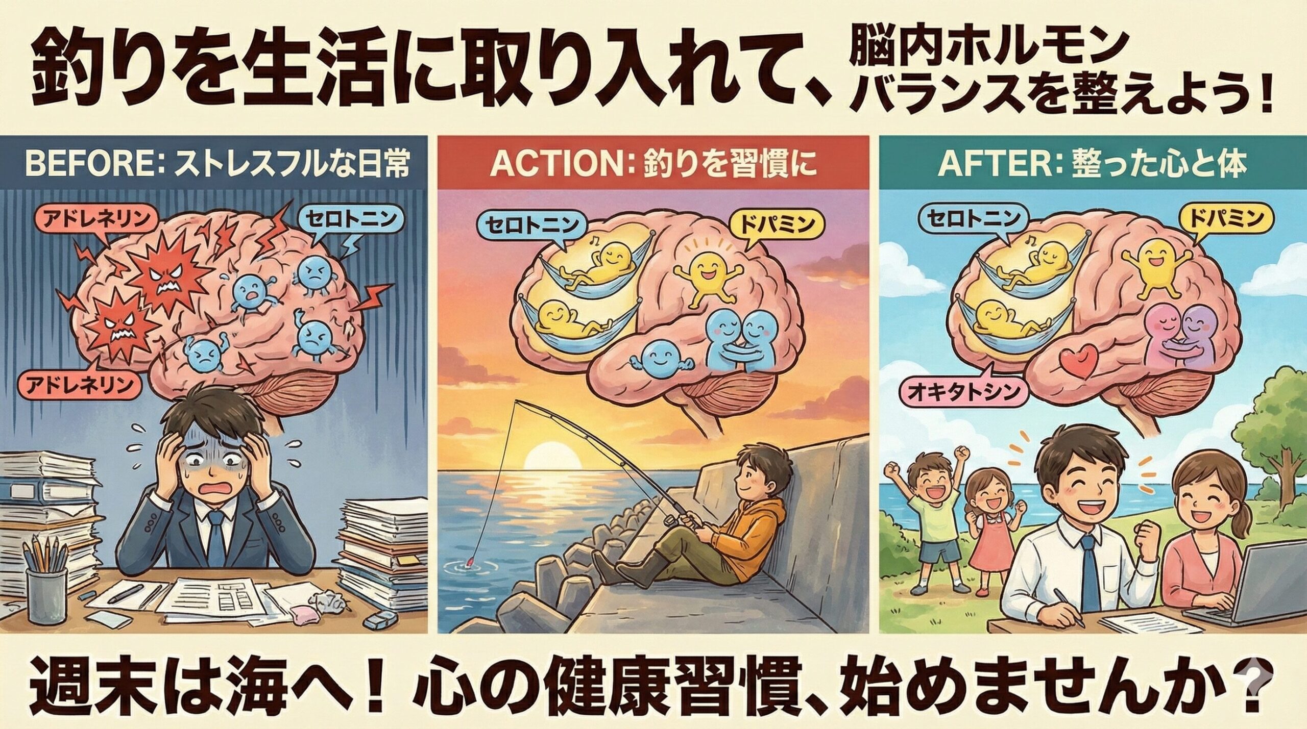釣りはドーパミン、セロトニン、エンドルフィンなどの脳内ホルモンをバランスよく分泌し、メンタルヘルスを向上させる強力なツール。釣太郎