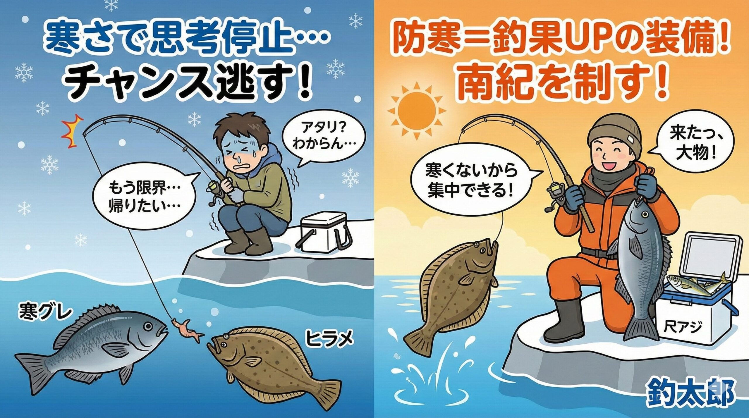 冬の釣りにおいて、**「防寒対策＝釣果アップの釣具」**と言っても過言ではありません。釣太郎