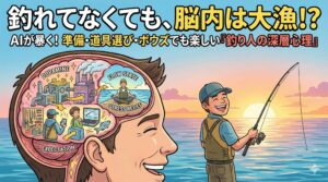 釣り人の無意識心理。準備段階でドーパミンを出し、ワクワクを先取りする。釣り場で瞑想状態に入り、ストレスをデトックスする。不確実性を楽しみ、狩猟本能を満たす。釣太郎