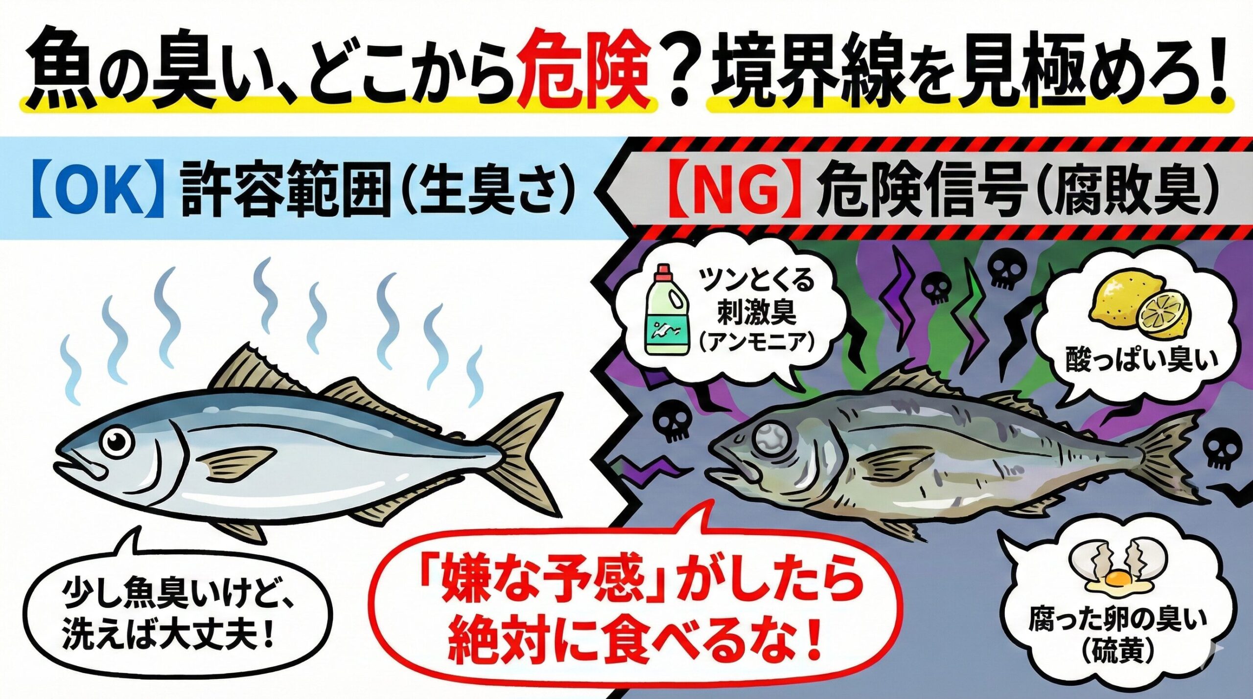 魚の臭いの境界線は、「魚本来の匂いが強くなっただけ」か、「明らかに別の物質（アンモニアや酸）の匂いがするか」にあります。釣太郎