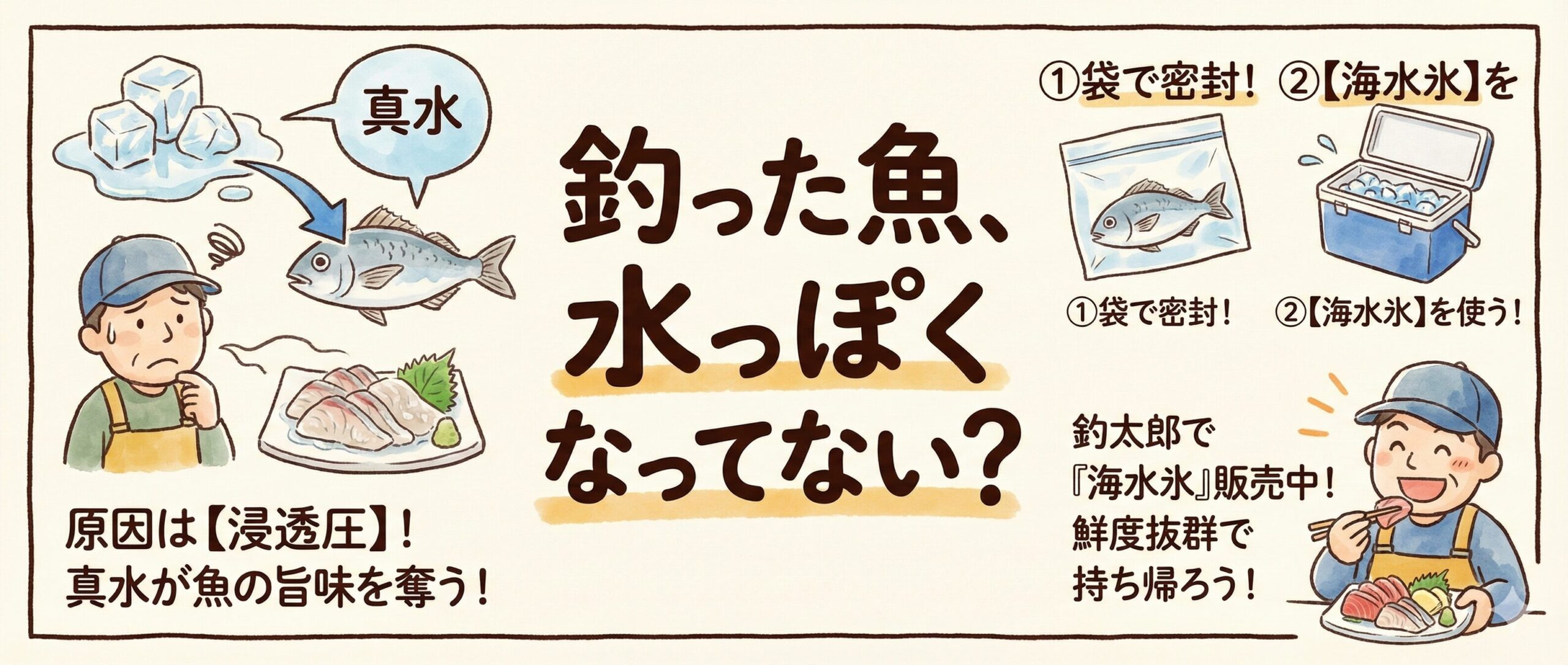 氷が解けて魚がその水分を吸い水っぽくなるのは「浸透圧」は、クーラーBOXの中の塩分が均一化しようとする働き。釣太郎