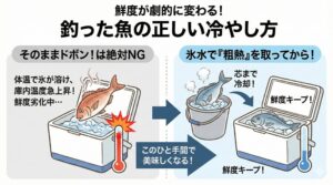 釣った魚を美味しく食べるためのポイントは、「釣った直後の処理」にある。釣れたらまず、氷海水でしっかり冷やす（粗熱を取る）。魚の体温が下がってから、クーラーボックスへ移す。釣太郎