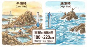 南紀の海は、生きている。潮位差200cmが教えてくれること。80cmから220cm。 これは南紀エリアにおける大潮の日の潮位差.釣太郎