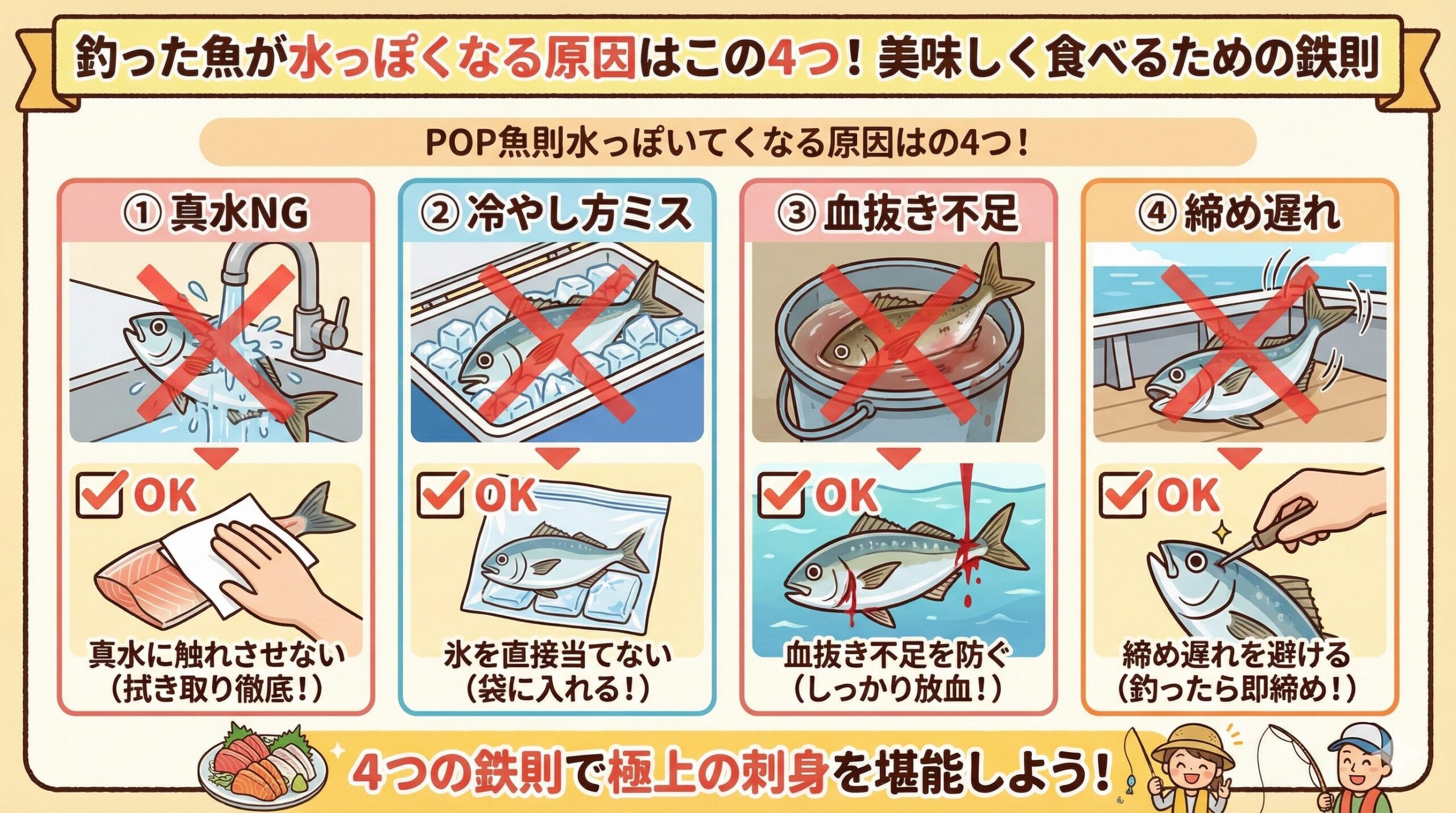 釣った魚が水っぽくなるのを防方法。真水に触れさせない（洗うなら海水、真水なら即拭き取り）氷を直接当てない（袋に入れる、水浸しにしない）血抜きを確実に行う。すぐに締める（暴れさせない）。釣太郎