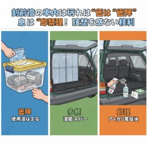 釣行後の車内は汚れ物は“密閉”車内は“分離”臭いは“即処理”！激臭を残さない鉄則。釣太郎