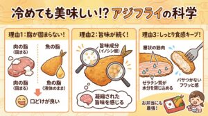 アジフライが冷めても美味しいのは、脂が固まらない（低融点）。 旨味の相乗効果が続く 。筋肉構造が水分を保持する。釣太郎
