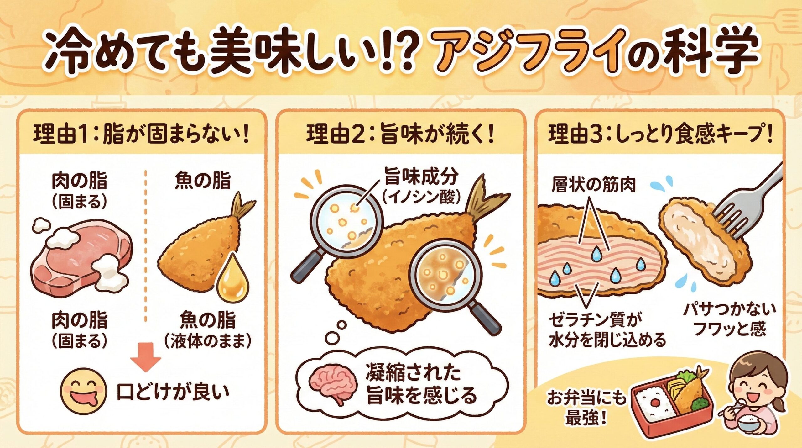 アジフライが冷めても美味しいのは、脂が固まらない（低融点）。 旨味の相乗効果が続く 。筋肉構造が水分を保持する。釣太郎